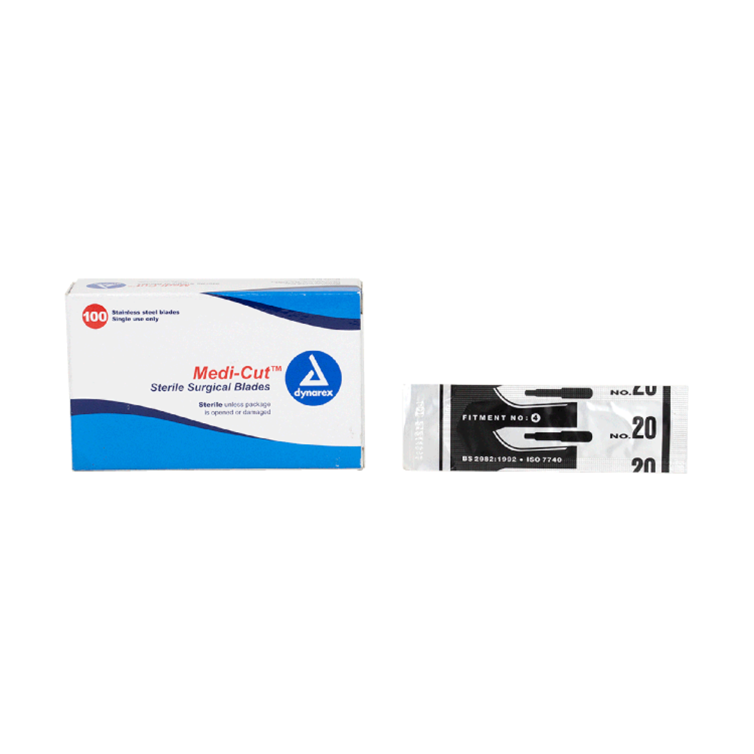 A box of Dynarex Medi-Cut Surgical Blades - Sterile appears on the left, and a single No. 20 individually wrapped sterile blade is displayed on the right.